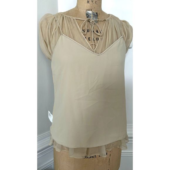 Theory Wmn Flax Tie Neck Raglan Short Sleeves Crinkled Silk Chiffon Top Sz M NWT - Picture 10 of 14